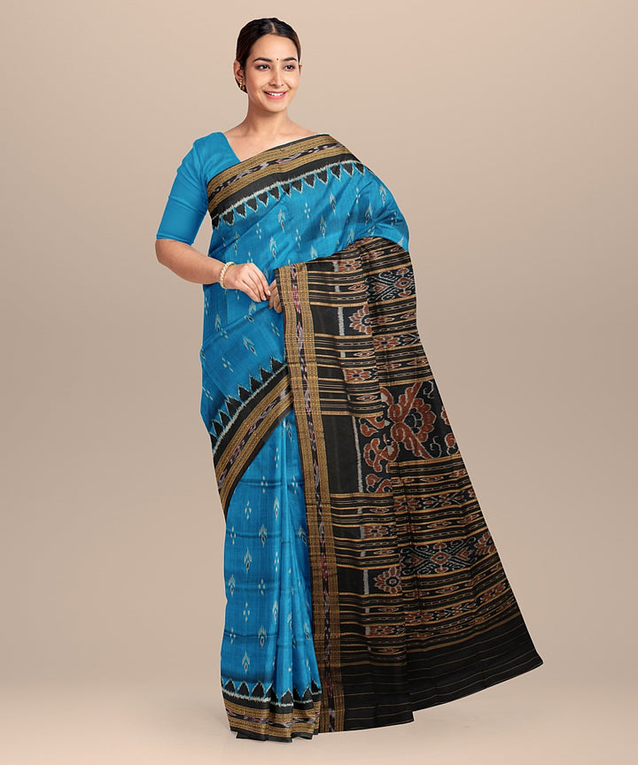 Cyan blue black silk handloom khandua saree