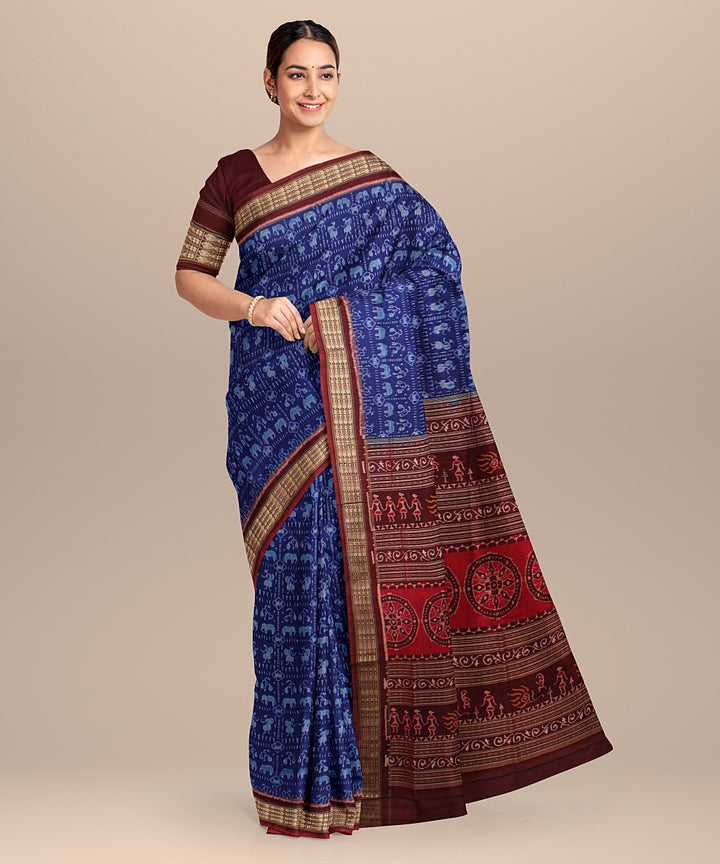 Ink blue deep maroon cotton silk handloom sambalpuri saree