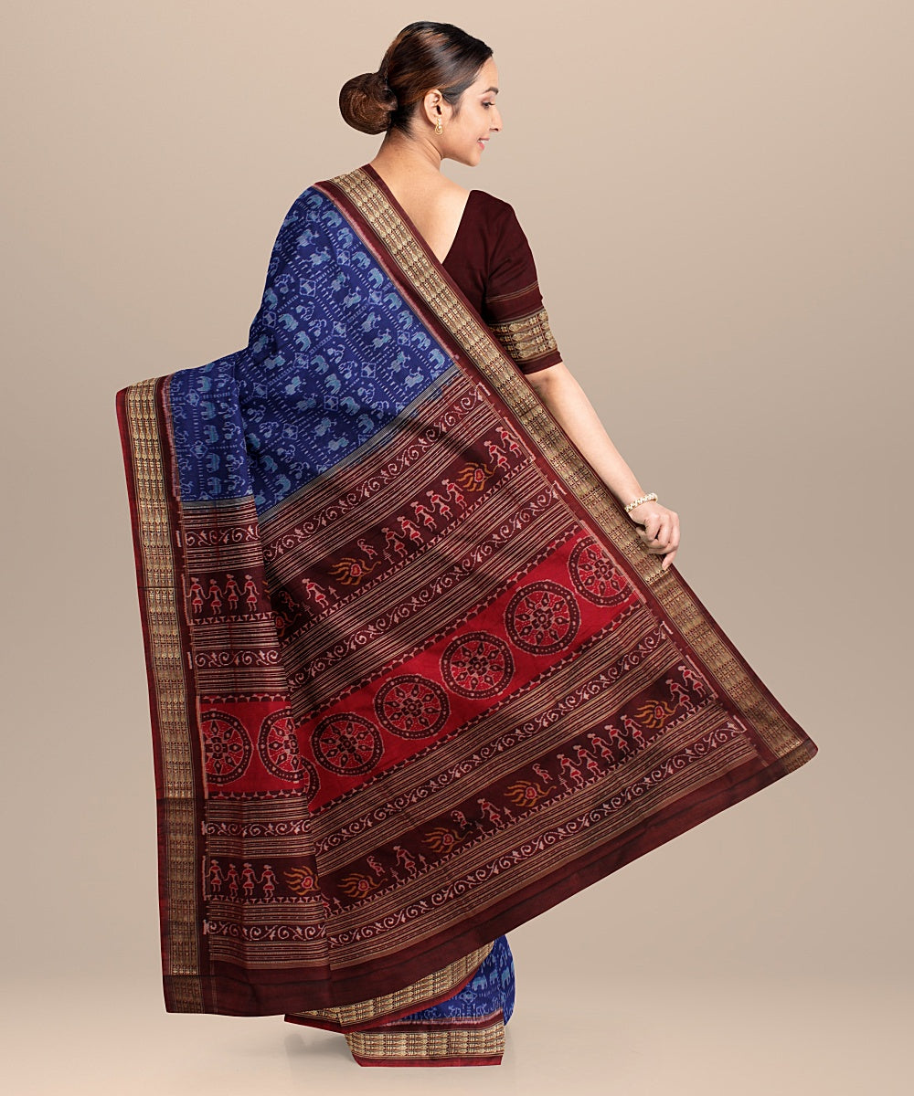 Ink blue deep maroon cotton silk handloom sambalpuri saree