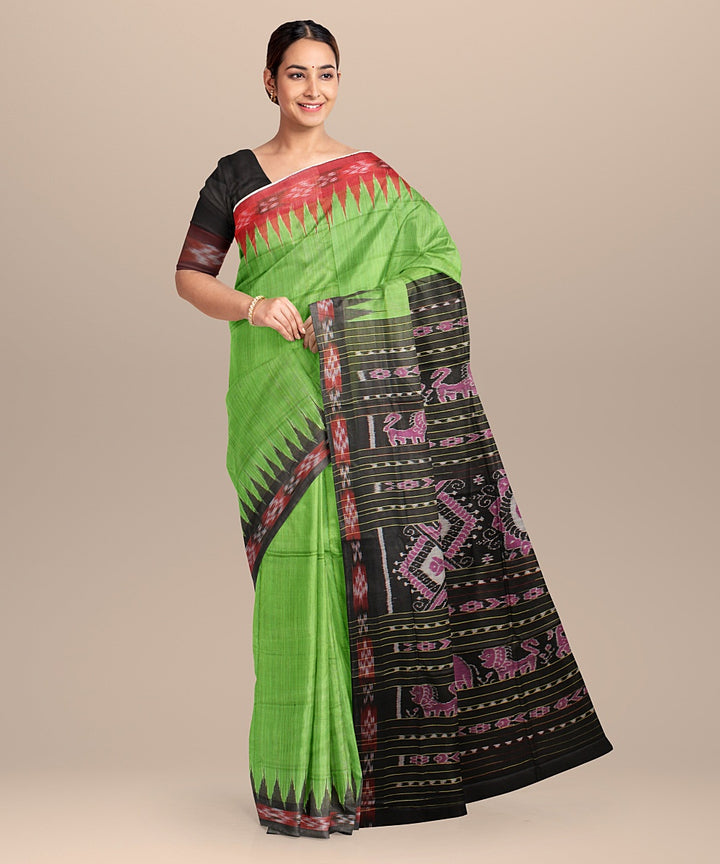 Light green black tussar silk handloom odisha ikat saree