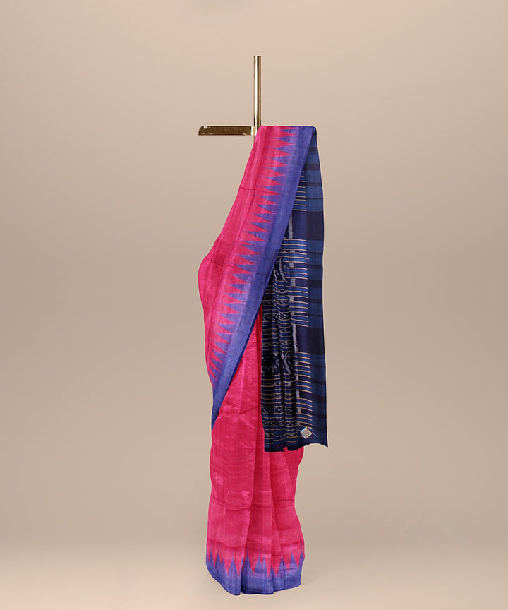 Pink navy blue tussar silk handloom odisha ikat saree