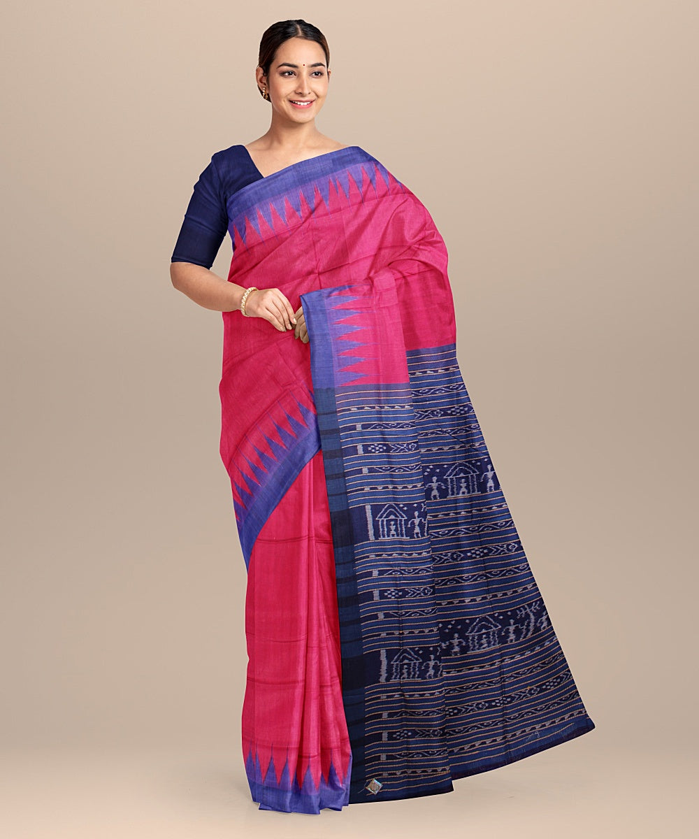 Pink navy blue tussar silk handloom odisha ikat saree