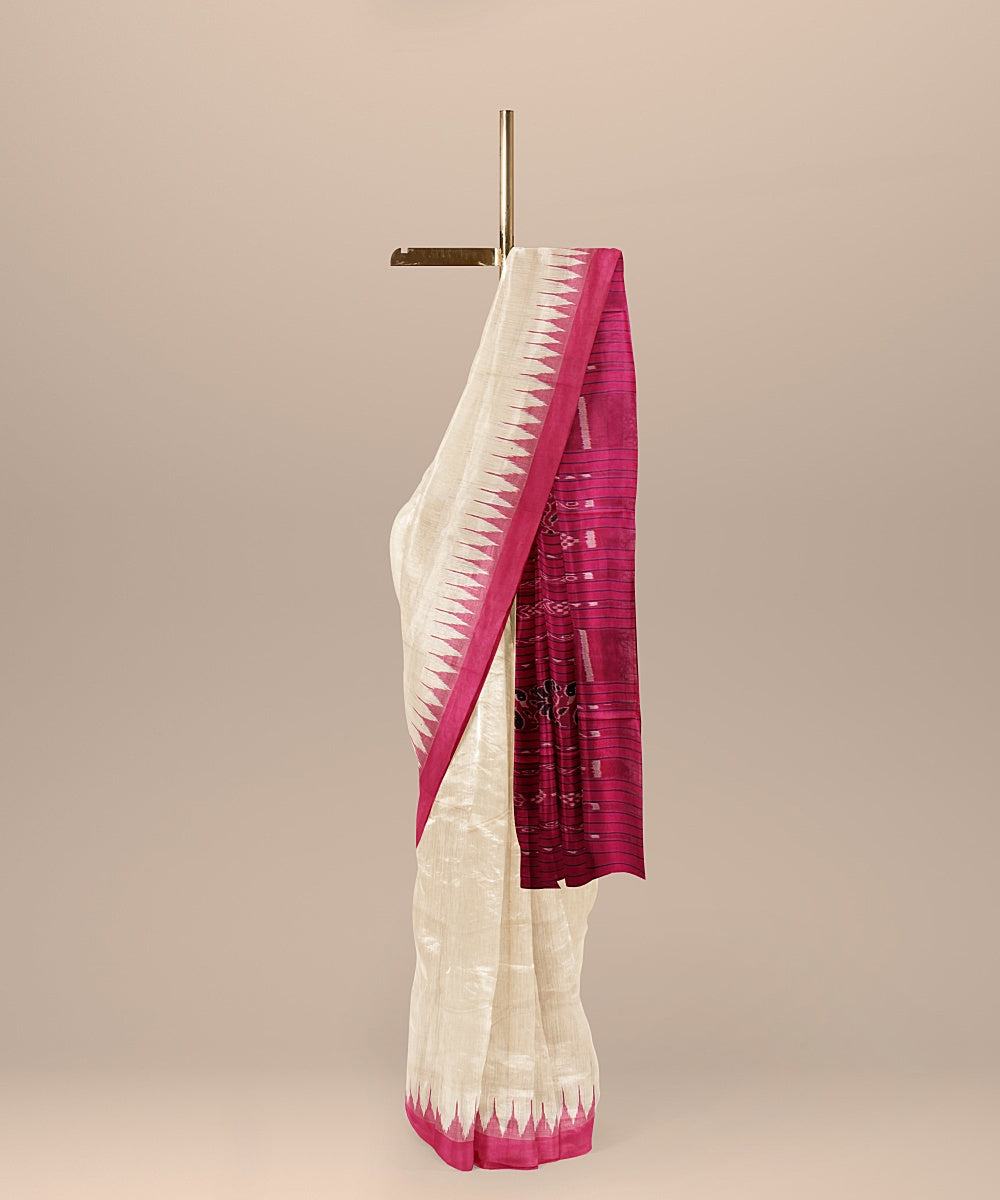 Offwhite pink tussar silk handloom odisha ikat saree