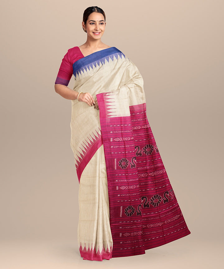 Offwhite pink tussar silk handloom odisha ikat saree