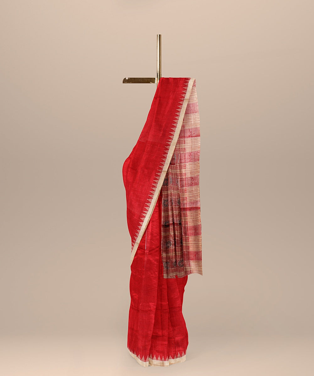 Red beige tussar silk handloom bomkai saree