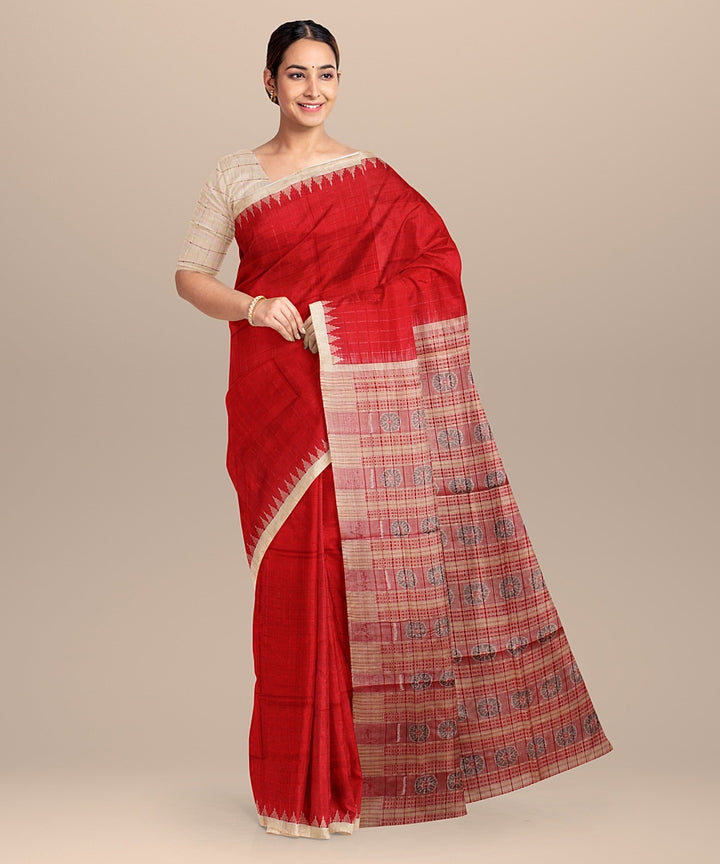 Red beige tussar silk handloom bomkai saree