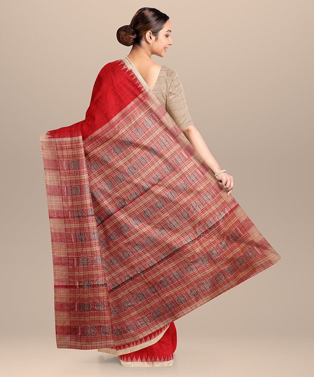 Red beige tussar silk handloom bomkai saree