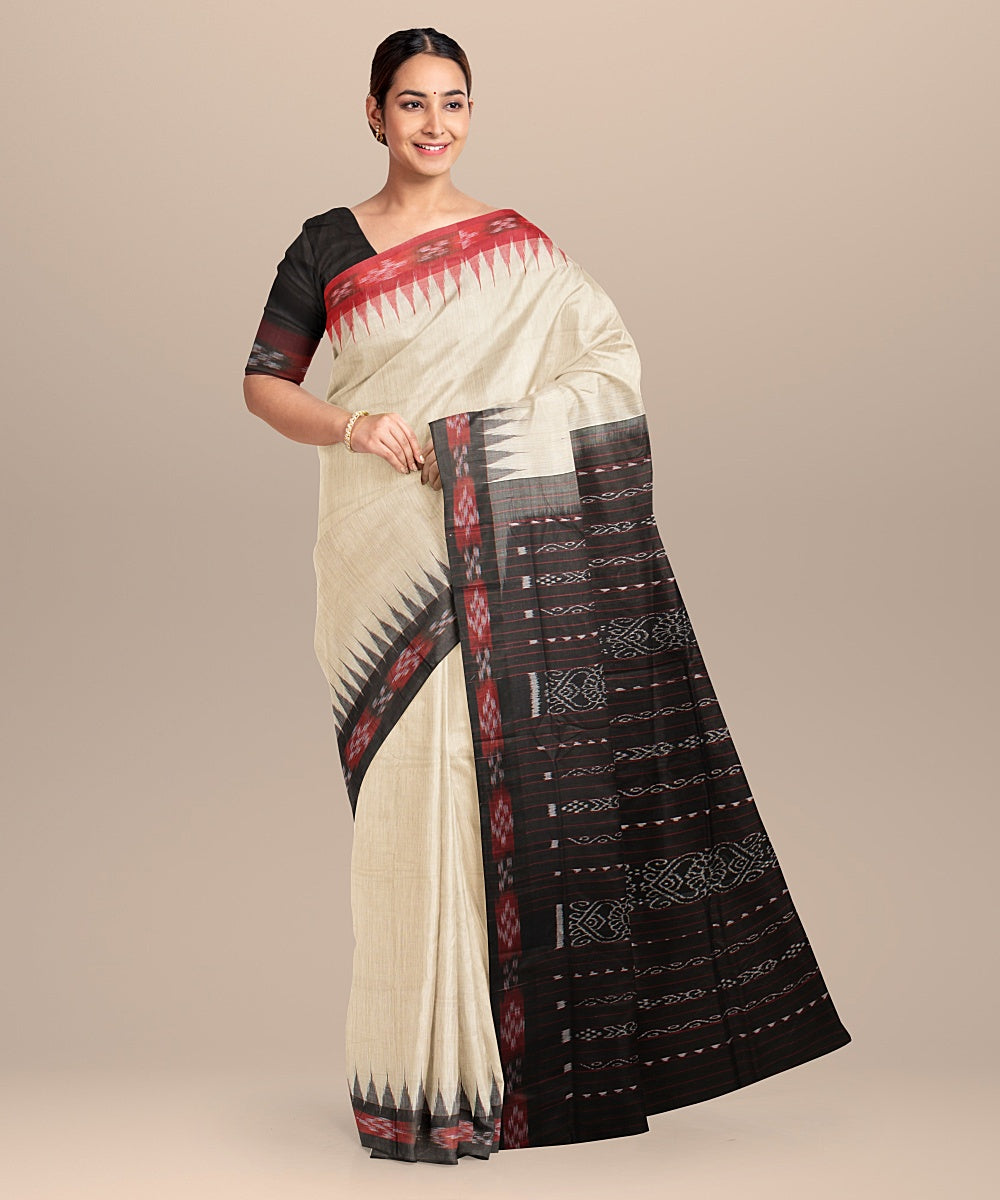 Offwhite black tussar silk handloom odisha ikat saree