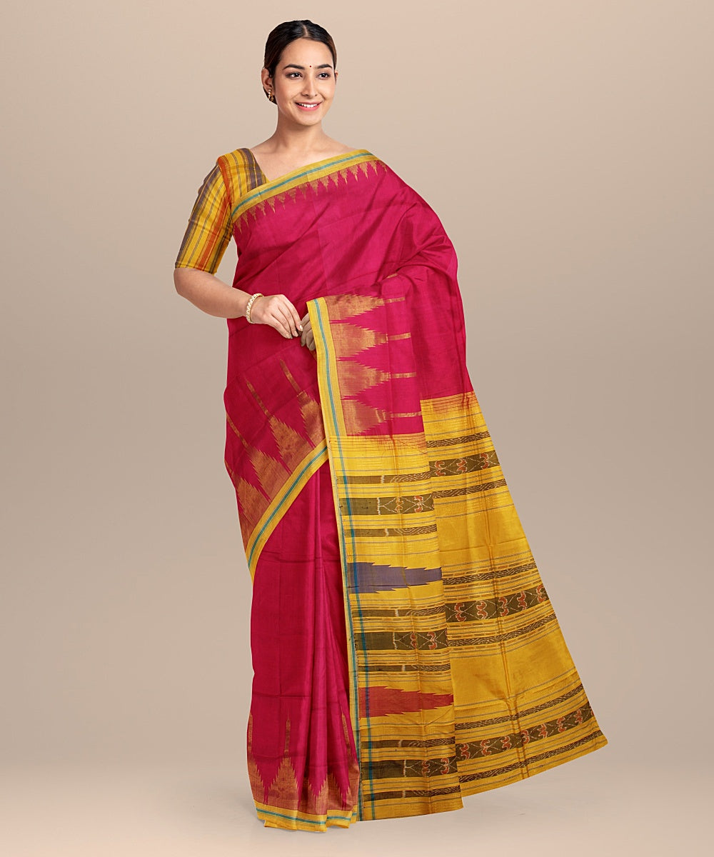 Maroon mustard tussar silk handloom odisha ikat saree