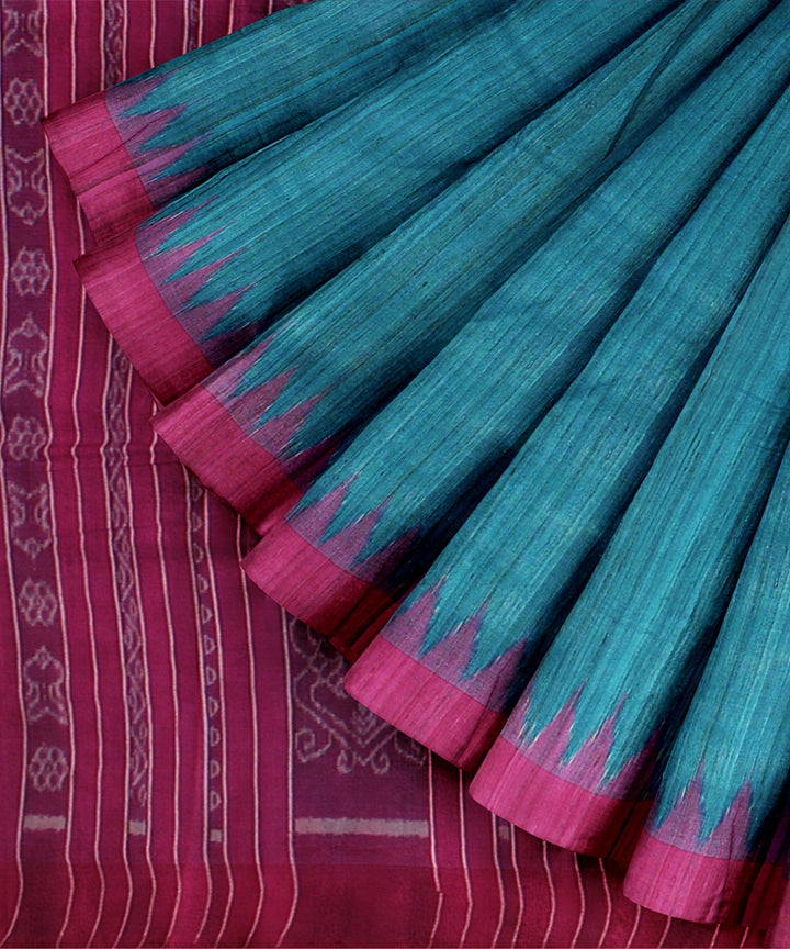 Cyan blue magenta tussar silk handloom odisha ikat saree