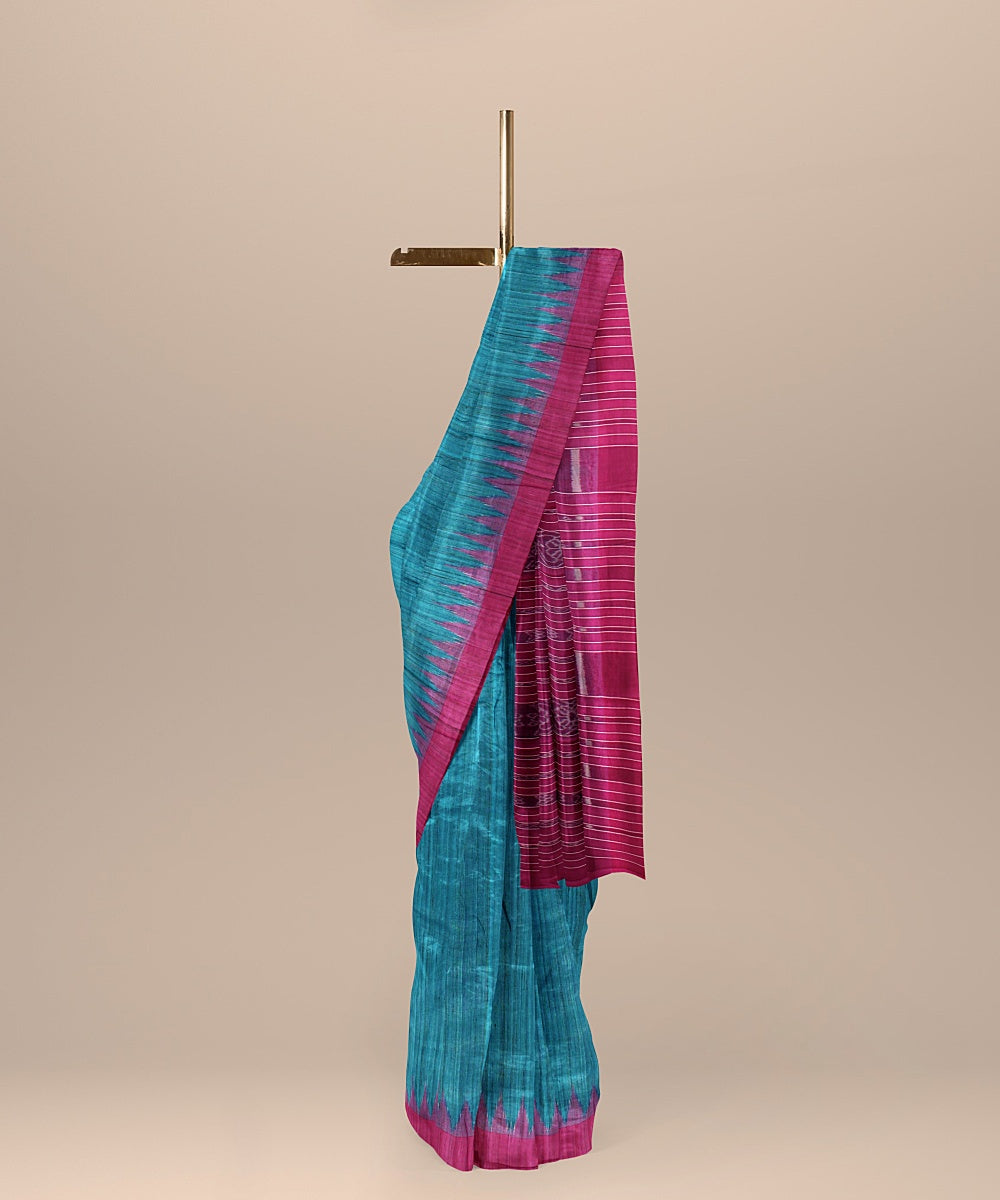 Cyan blue magenta tussar silk handloom odisha ikat saree