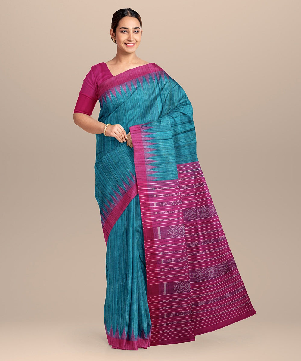 Cyan blue magenta tussar silk handloom odisha ikat saree