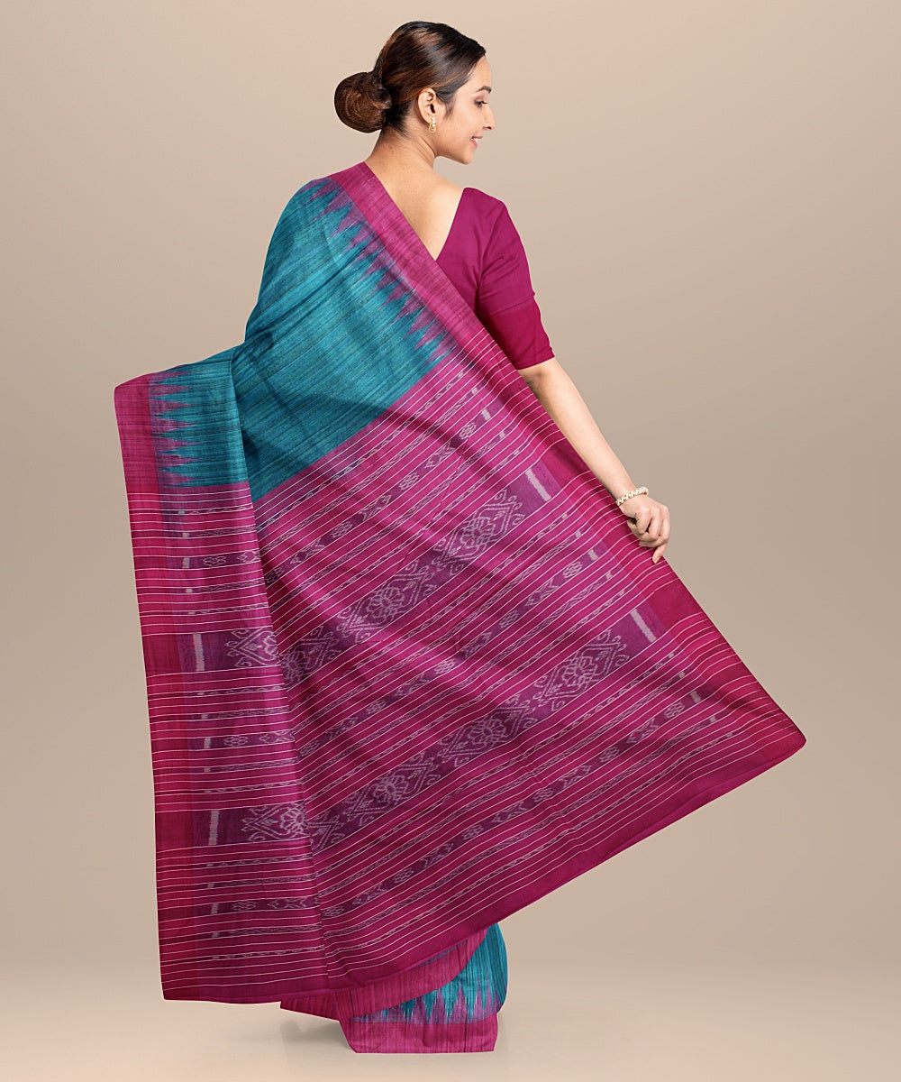 Cyan blue magenta tussar silk handloom odisha ikat saree