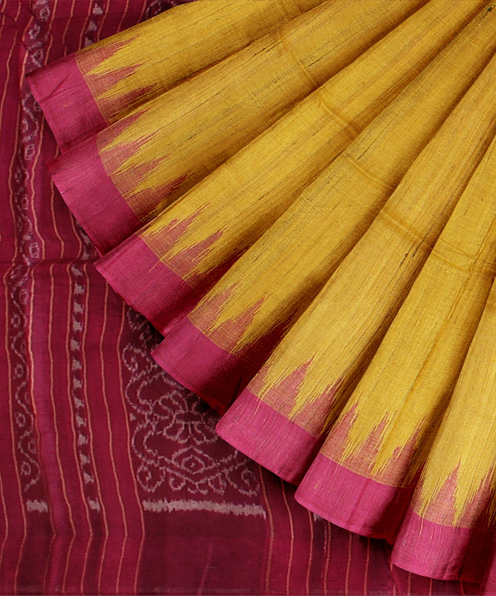 Yellow pink tussar silk handloom odisha ikat saree