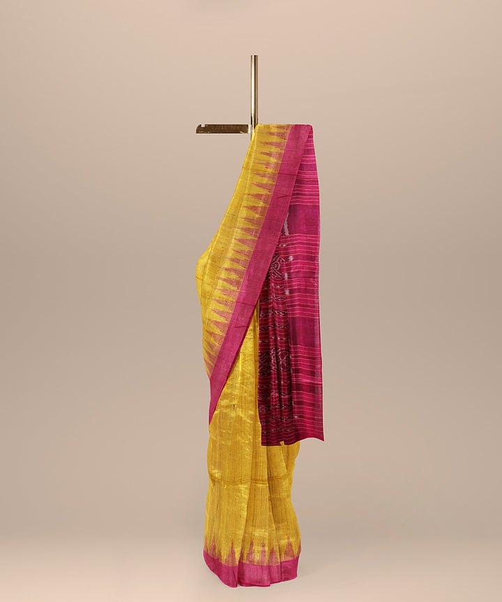 Yellow pink tussar silk handloom odisha ikat saree