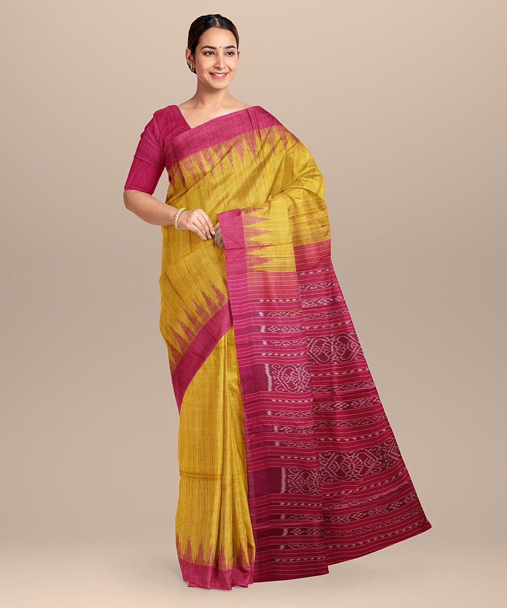 Yellow pink tussar silk handloom odisha ikat saree