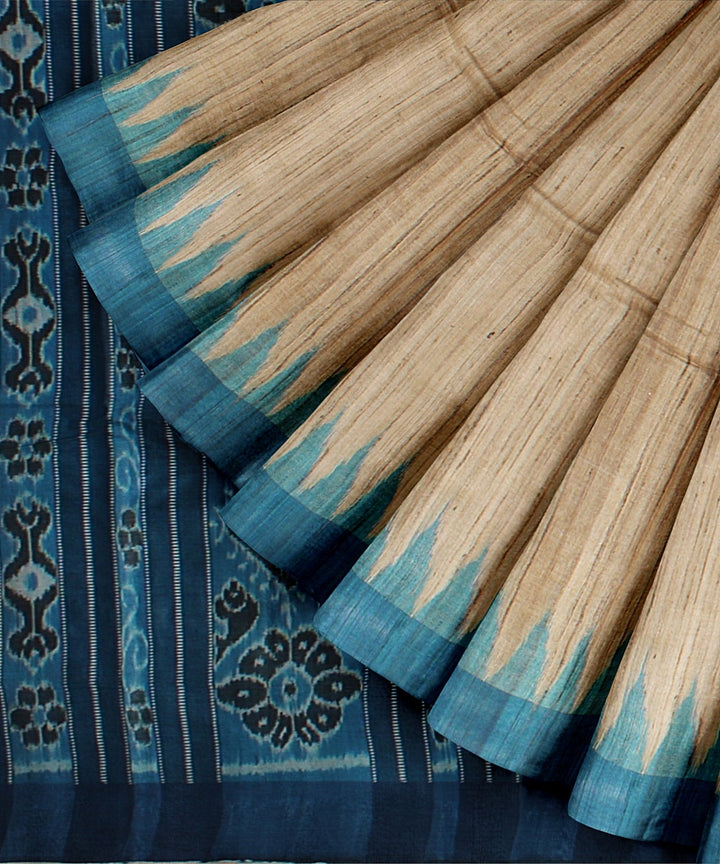 Beige turquoise blue tussar silk handloom odisha ikat saree
