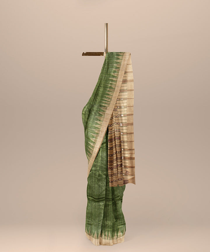 Olive green beige tussar silk handloom odisha ikat saree