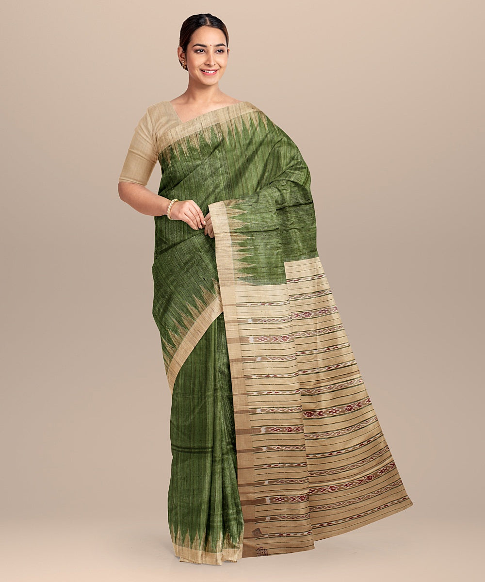 Olive green beige tussar silk handloom odisha ikat saree