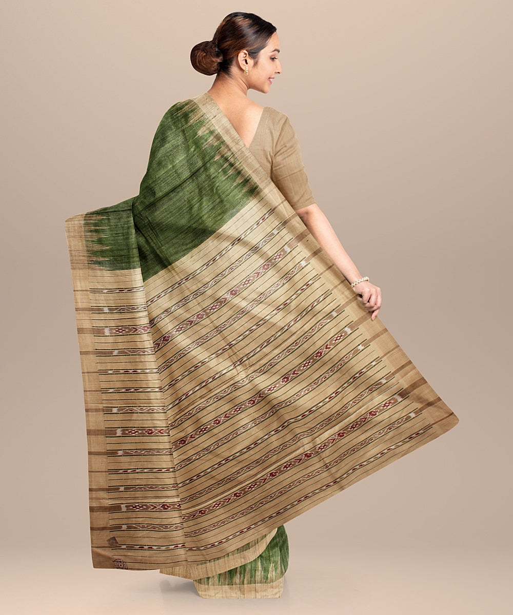 Olive green beige tussar silk handloom odisha ikat saree