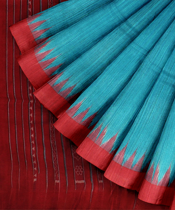Cyan blue maroon tussar silk handloom odisha ikat saree