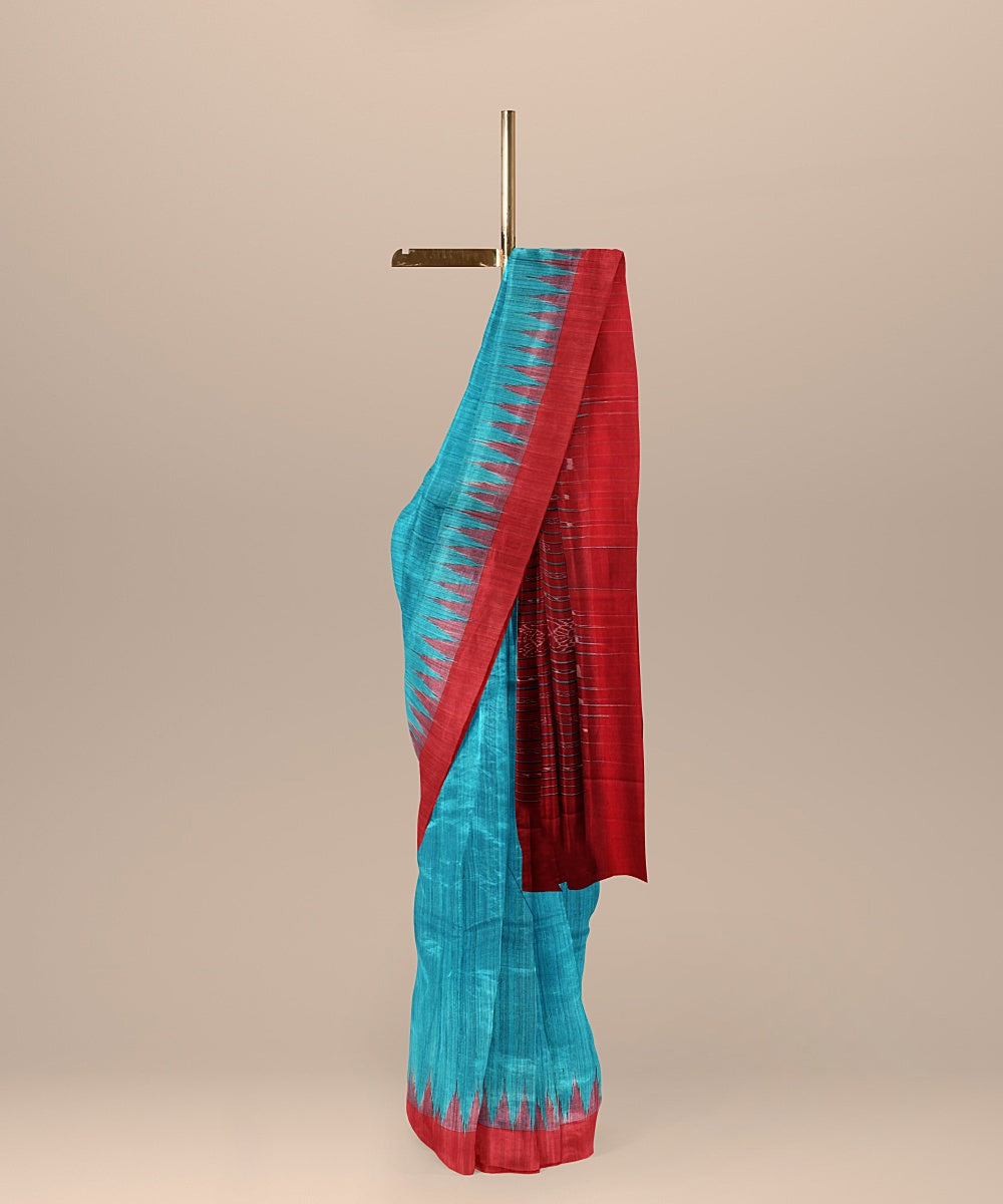 Cyan blue maroon tussar silk handloom odisha ikat saree