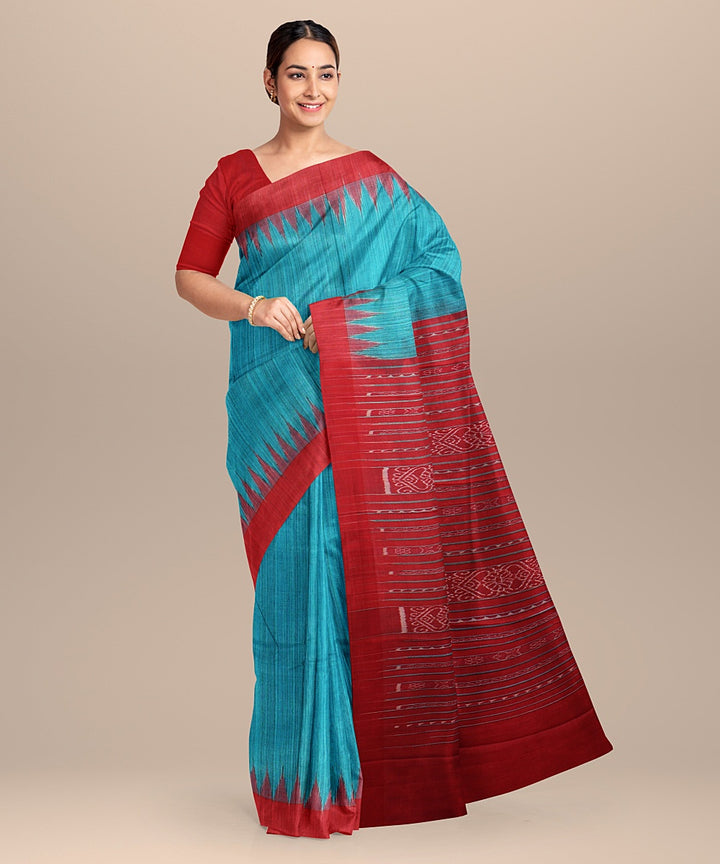 Cyan blue maroon tussar silk handloom odisha ikat saree