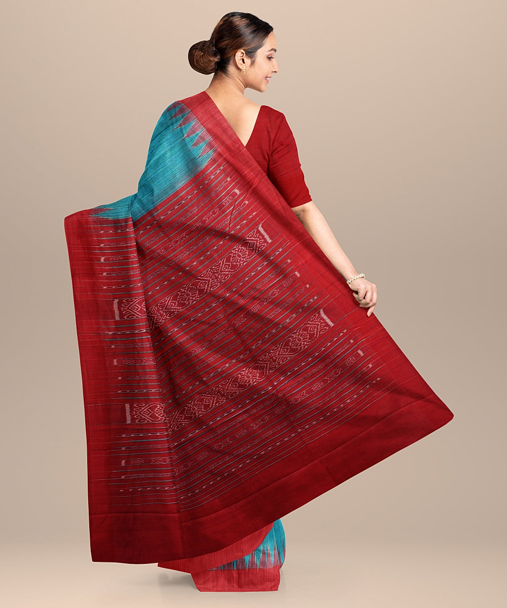 Cyan blue maroon tussar silk handloom odisha ikat saree