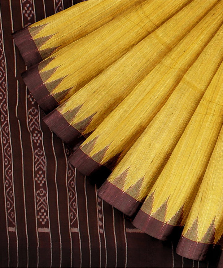 Yellow deep maroon tussar silk handloom odisha ikat saree