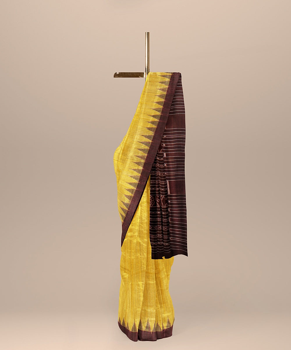 Yellow deep maroon tussar silk handloom odisha ikat saree