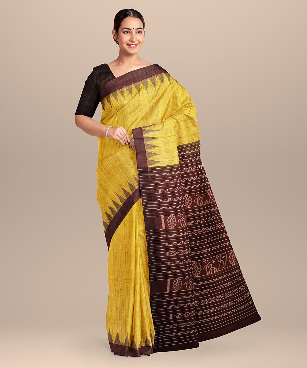 Yellow deep maroon tussar silk handloom odisha ikat saree