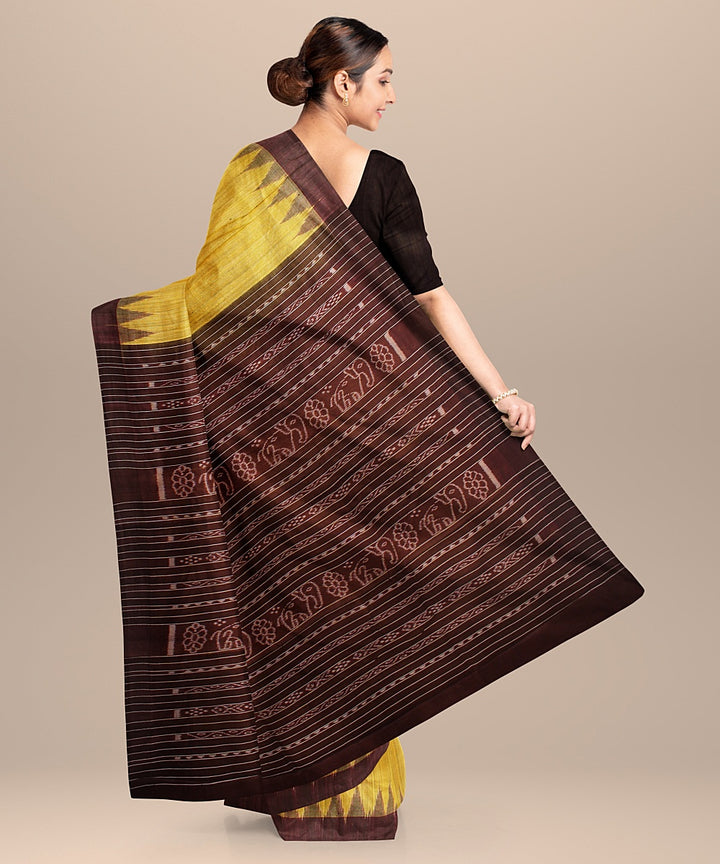 Yellow deep maroon tussar silk handloom odisha ikat saree
