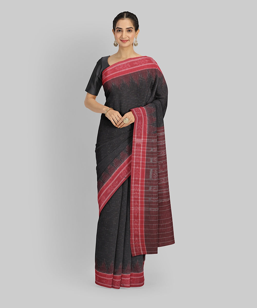 Black Red Cotton Handwoven Sambalpuri Saree