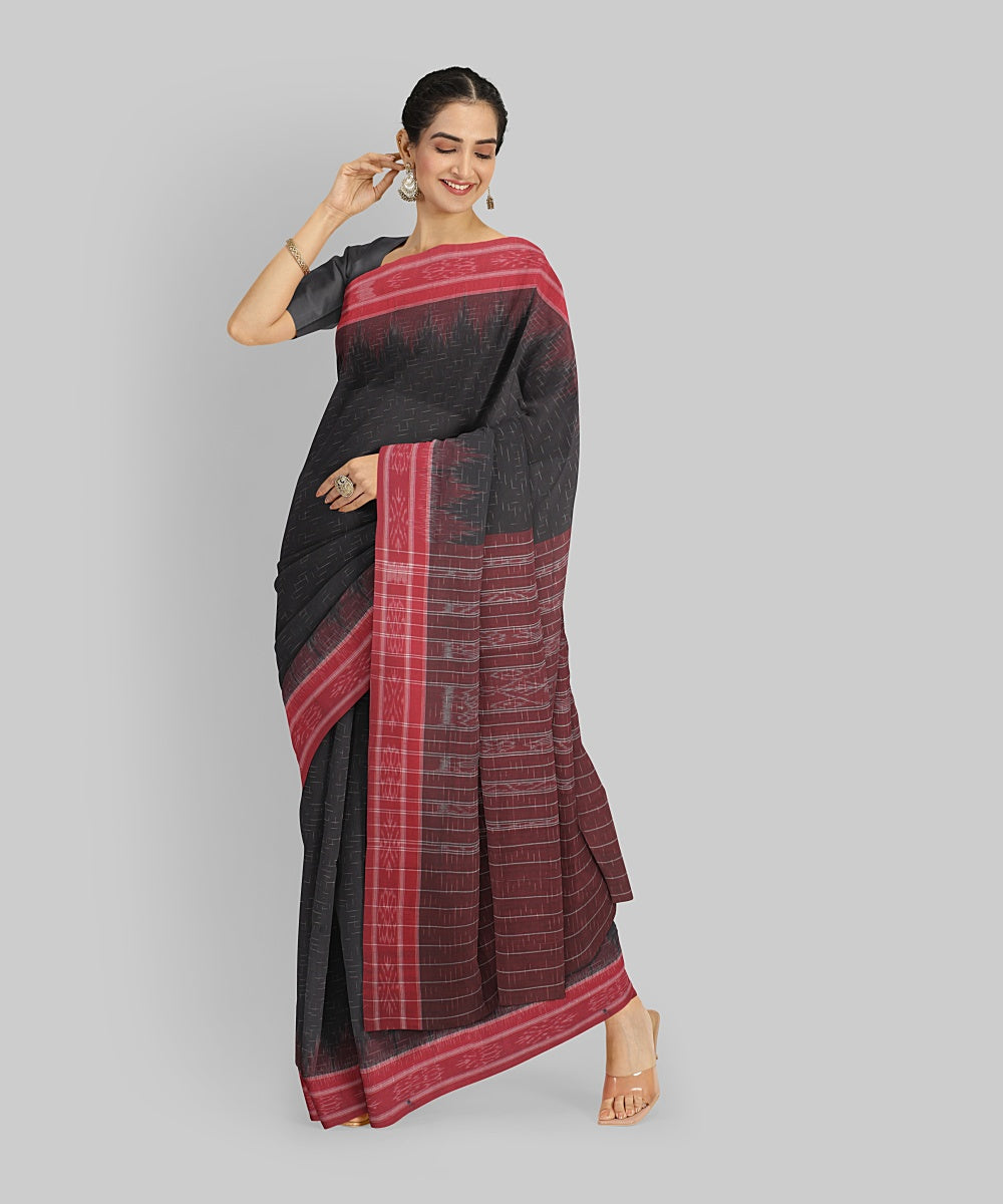 Black Red Cotton Handwoven Sambalpuri Saree