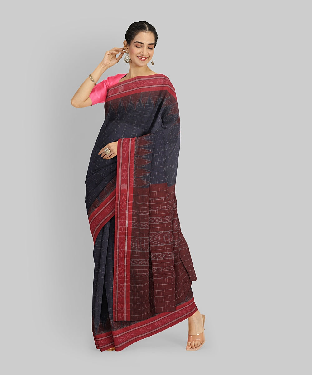 Navy Blue Red Cotton Handwoven Sambalpuri Saree