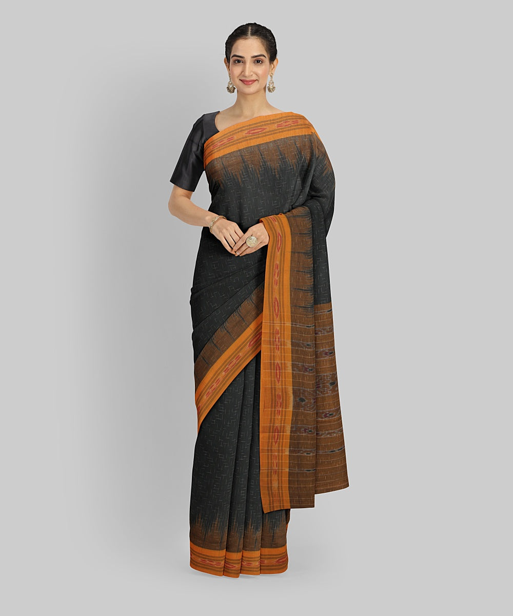 Dark Green Yellow  Cotton Handwoven Sambalpuri Saree