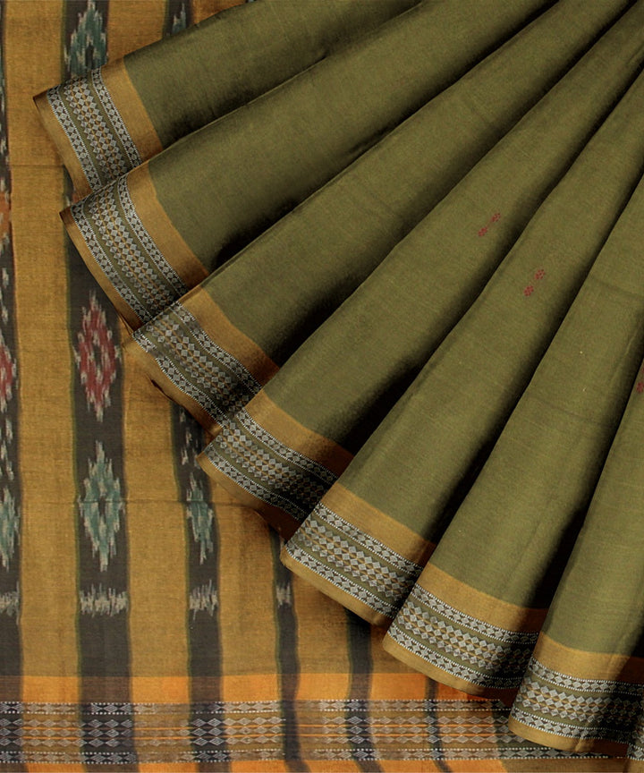 Olive Green Yellow  Cotton Handwoven Sambalpuri Saree