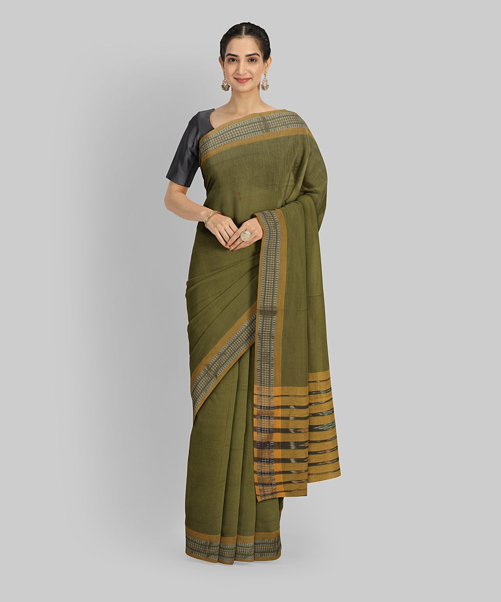 Olive Green Yellow  Cotton Handwoven Sambalpuri Saree