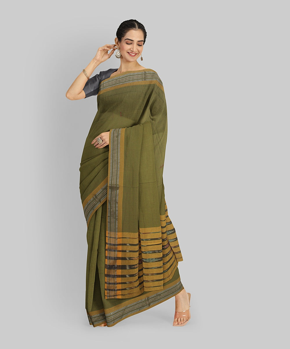 Olive Green Yellow  Cotton Handwoven Sambalpuri Saree