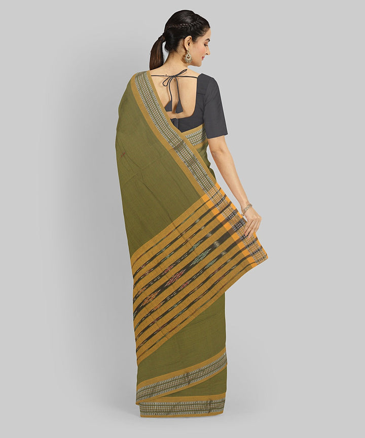 Olive Green Yellow  Cotton Handwoven Sambalpuri Saree
