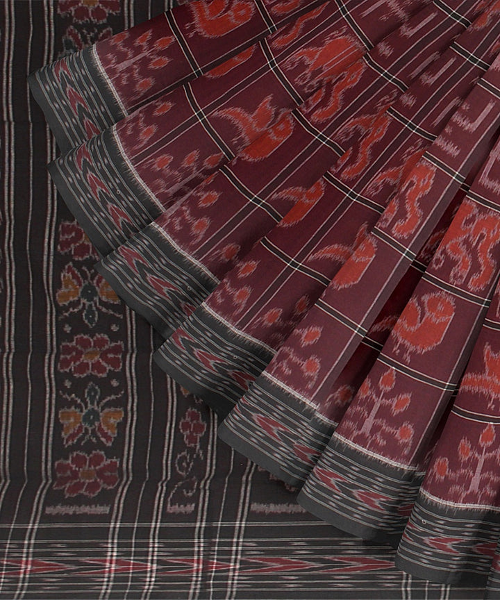 Maroon Black Cotton Handwoven Sambalpuri Saree