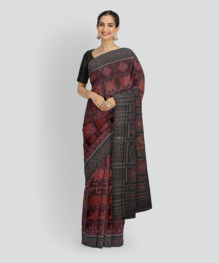 Maroon Black Cotton Handwoven Sambalpuri Saree