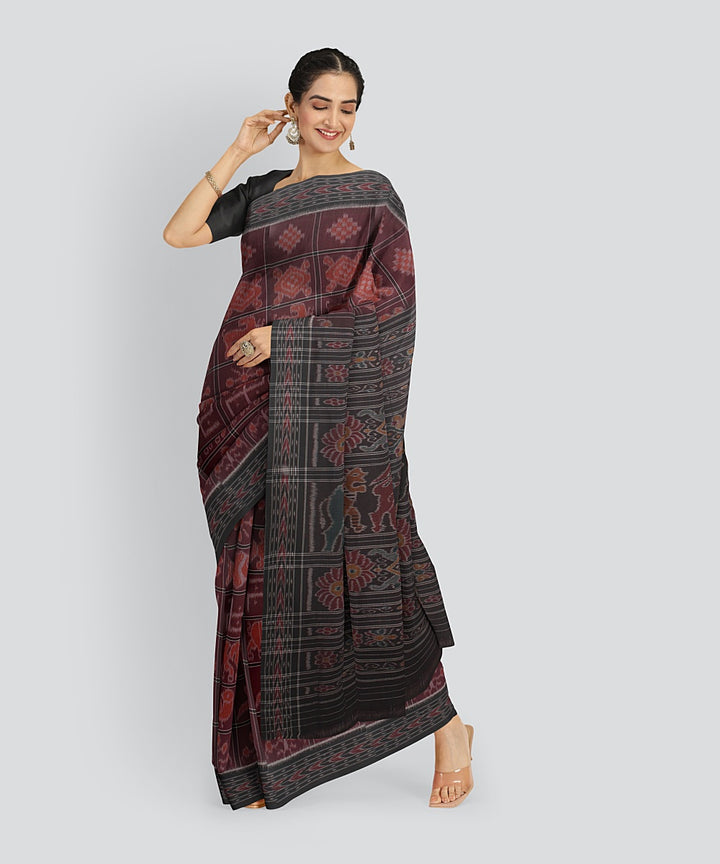 Maroon Black Cotton Handwoven Sambalpuri Saree