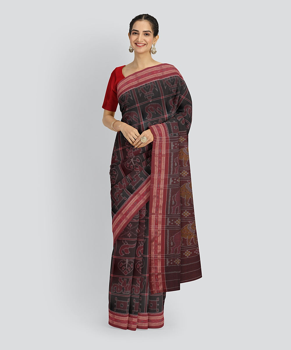 Black Red Cotton Handwoven Sambalpuri Saree