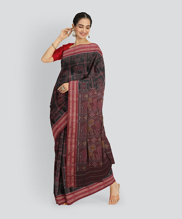 Black Red Cotton Handwoven Sambalpuri Saree