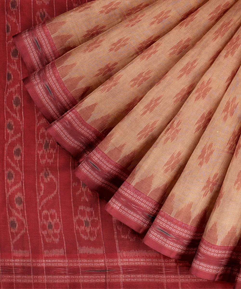 Peach Red  Cotton Handwoven Sambalpuri Saree