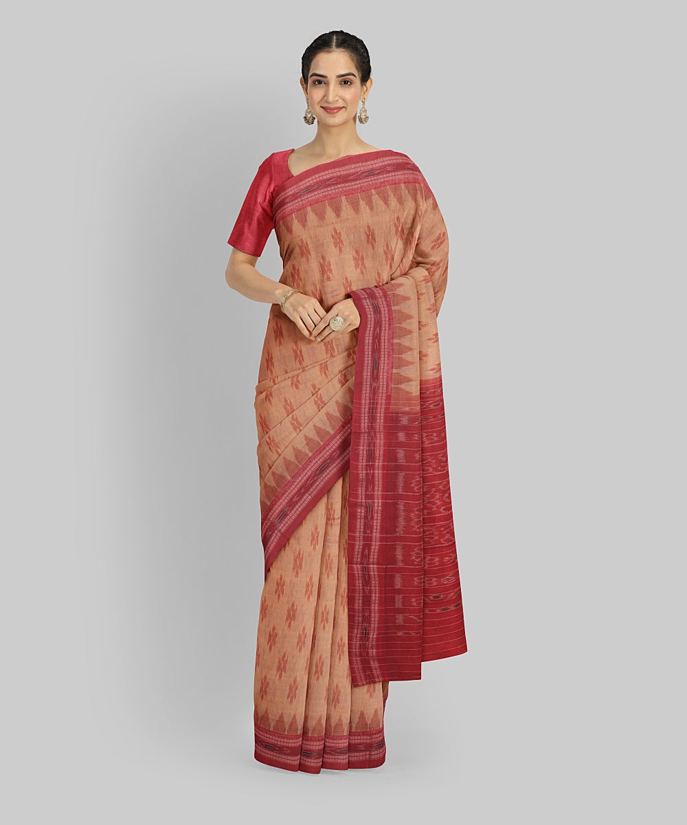 Peach Red  Cotton Handwoven Sambalpuri Saree