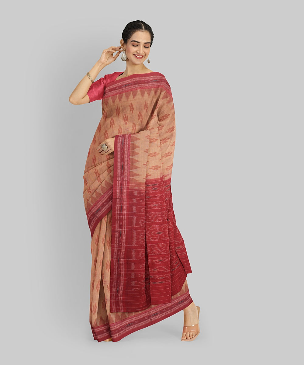 Peach Red  Cotton Handwoven Sambalpuri Saree