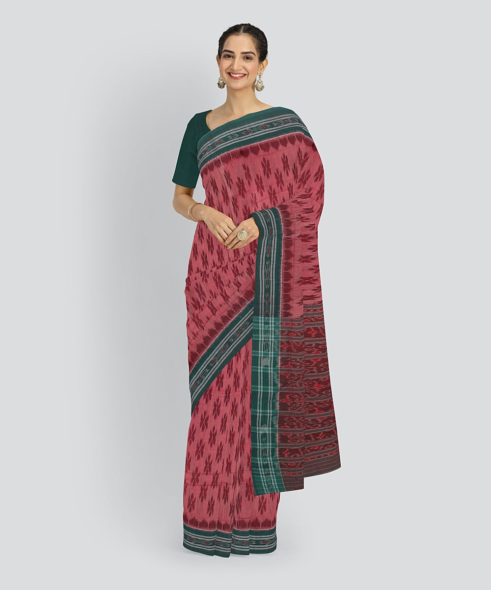 Pink Green Cotton Handwoven Sambalpuri Saree