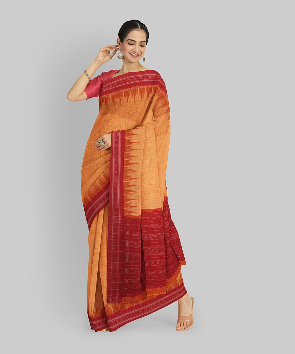 Mustard Red Cotton Handwoven Sambalpuri Saree